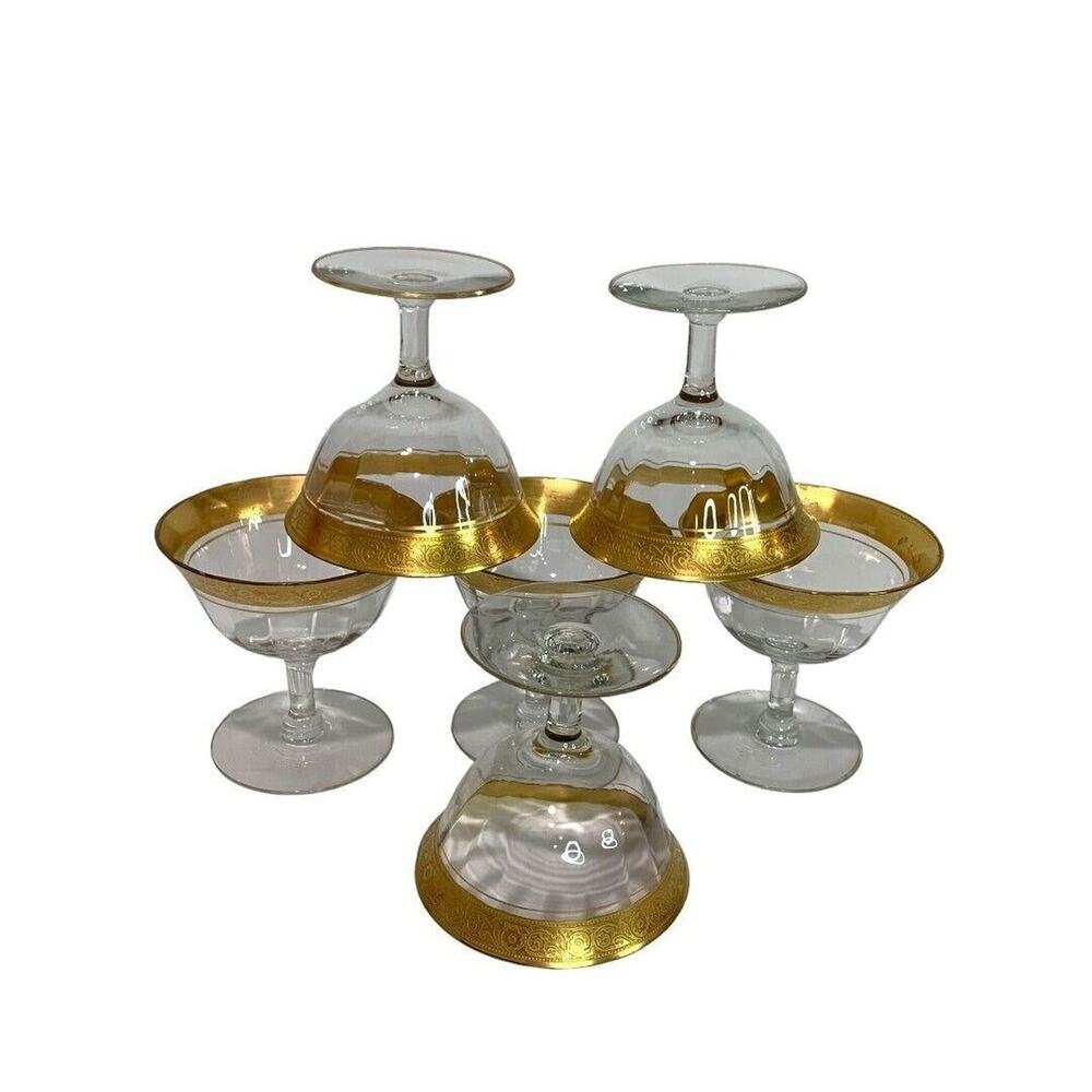 Vintage Gold Rim Floral Crystal Set of 6 Low Sherbet Glasses 3.75" h Stemmed - Picture 3 of 7